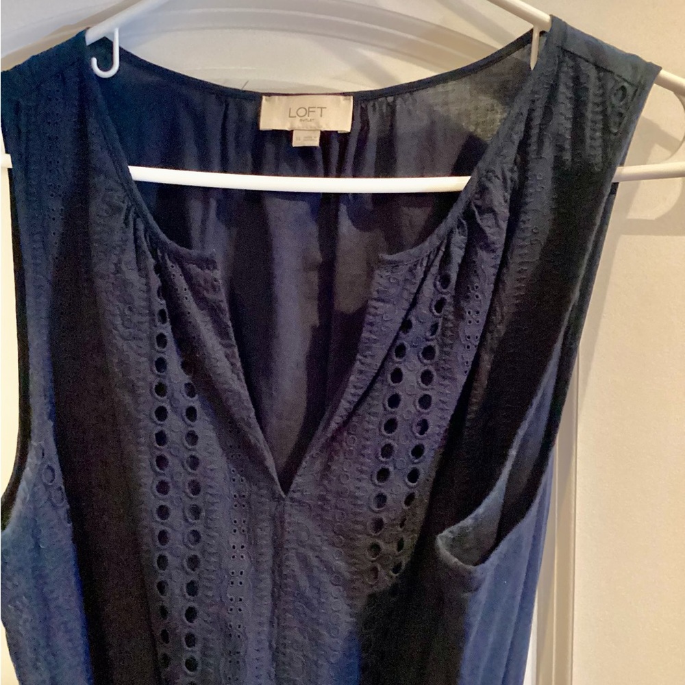 LOFT Dark Blue Eyelet Sleeveless Dress. Knee length. Tie waist. Worn twice.